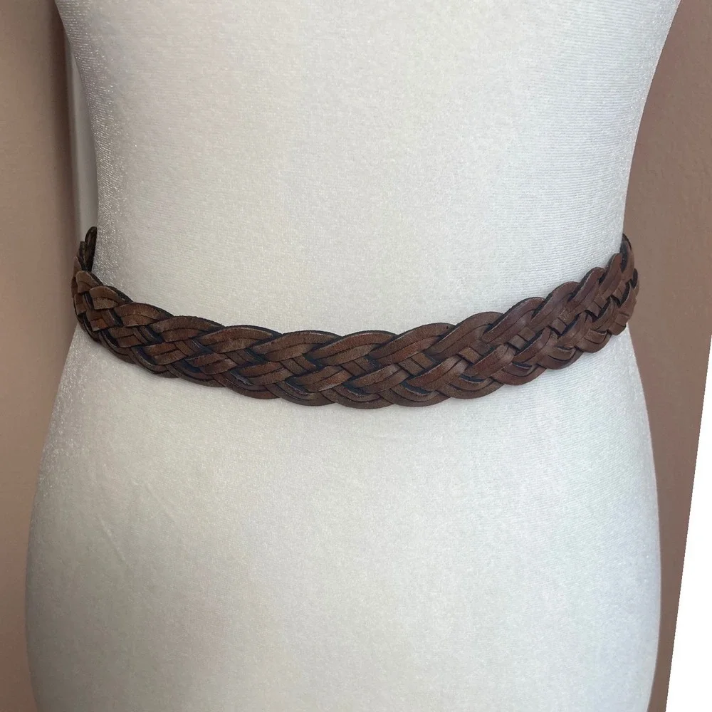 Vintage Braided Leather Belt Brown Woven Boho Waist Belt Silver Buckle Size 32